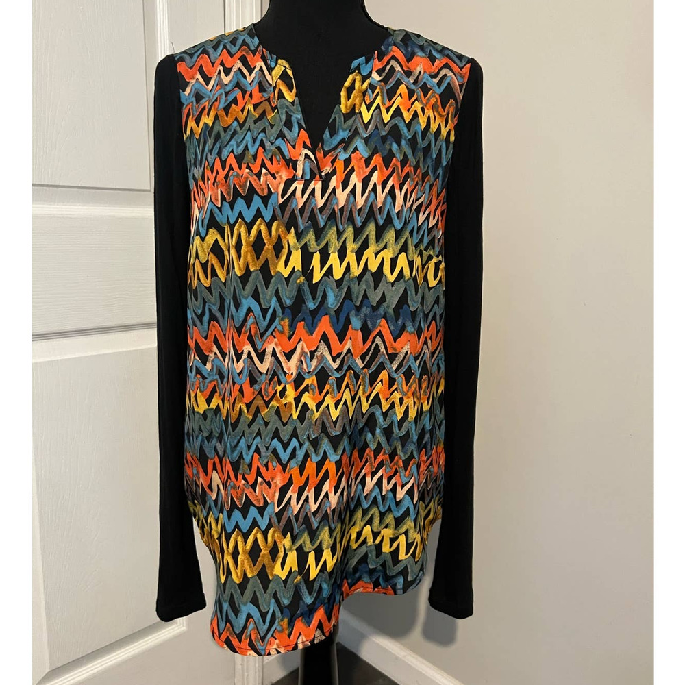 Kensie Womens Small Mixed Media‎ Blouse Zig Zag Print V Neck Long Sleeve Top